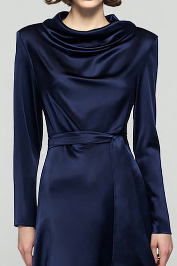 Navy Long Sleeve A-Line Satin Tea Length Business Casual Dress With Sash
